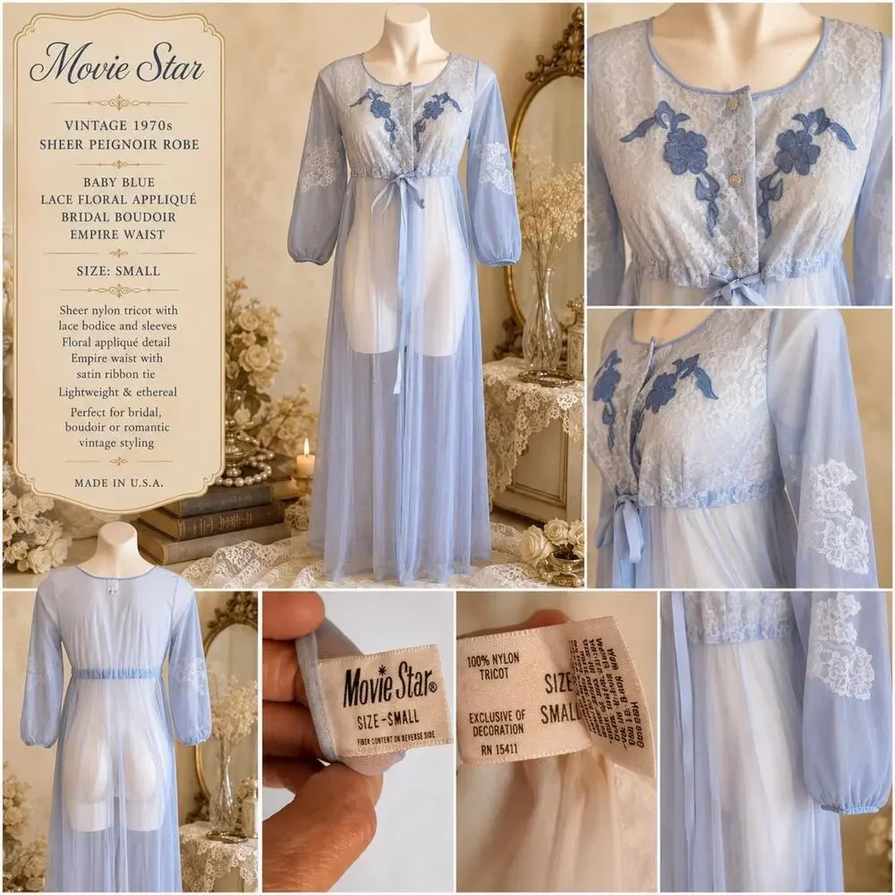Movie Star Vintage 1970s Sheer Peignoir Robe Baby Blue Lace Floral Appliqué Sz S